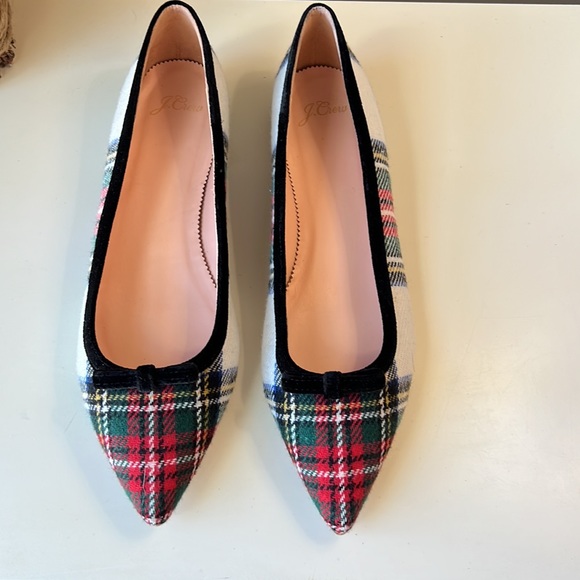 J.Crew Pointed-Toe Bow Flats in Snowy Stewart plaid tartan color size 12